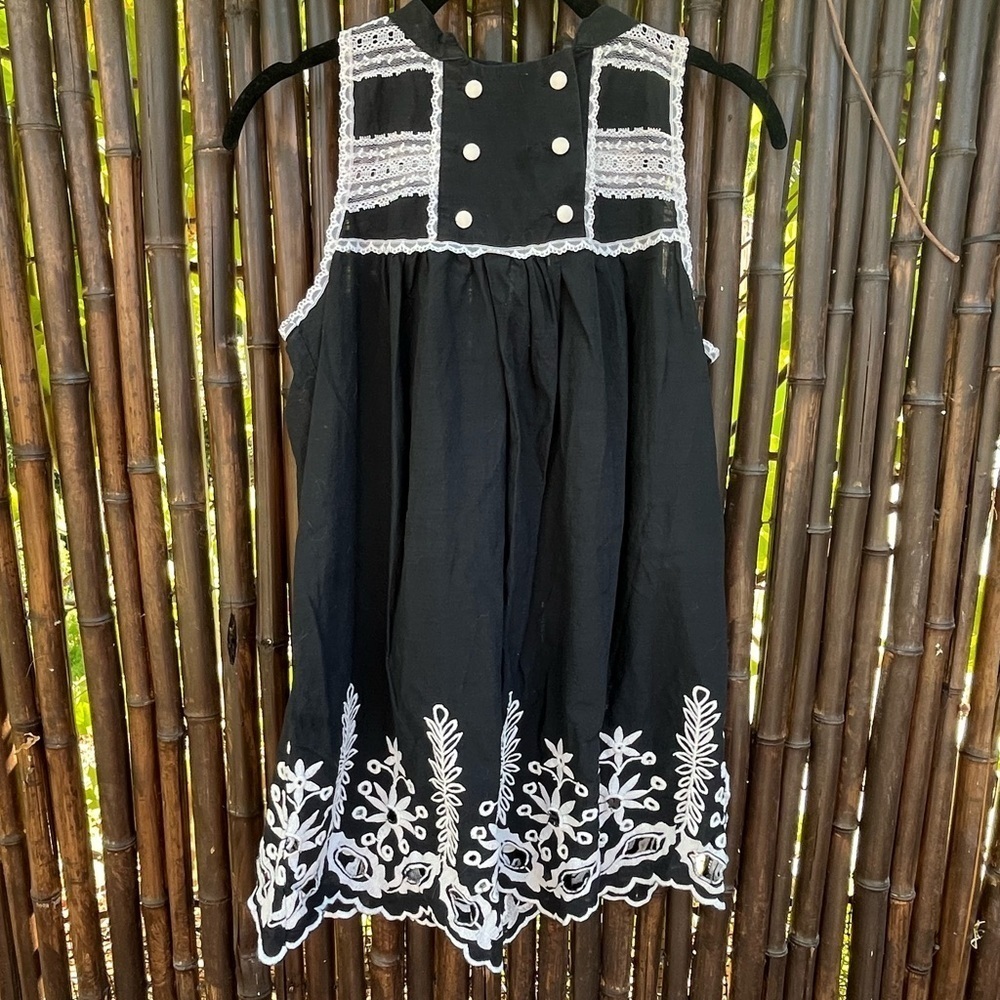 Vintage Embroidered Dress Black White Lace Button Bib Whimsigoth Small
